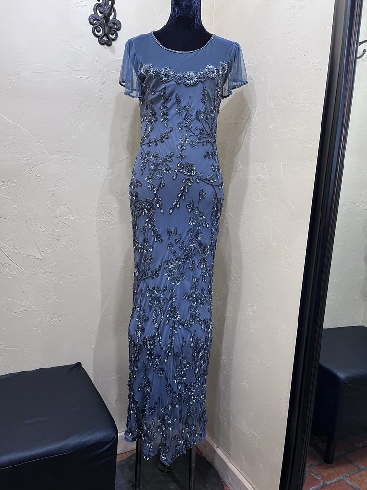 Sténay Slate Gray Beaded Gown with Butterfly Sleeves, Size 10