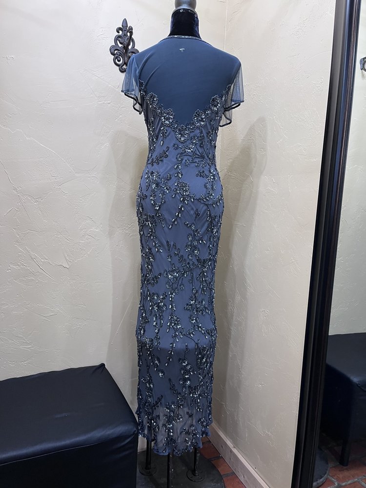 Sténay Slate Gray Beaded Gown with Butterfly Sleeves, Size 10
