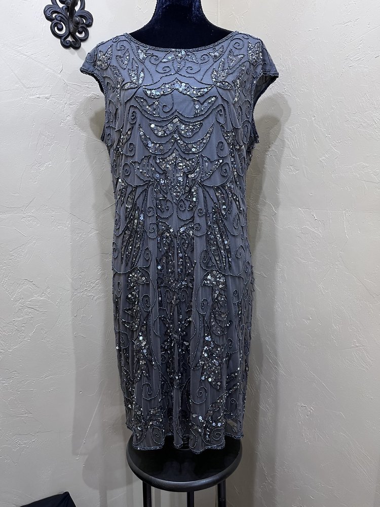 Pisarro Nights Gray Beaded Shift Dress, Size 14