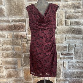Scarlett Red And Black Shimmer Floral Lace Sheath Dress, Size 14W