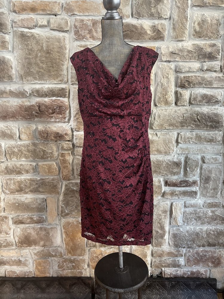 Scarlett Red And Black Shimmer Floral Lace Sheath Dress, Size 14W