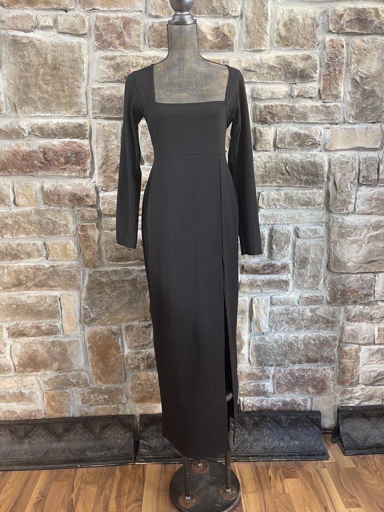 Pretty Little Thing Black Square Neck Split Leg Maxi Dress, Size 10
