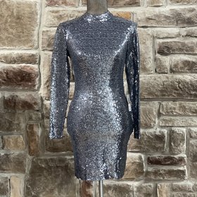 B Darlin Blue High Neck Long Sleeve Sequin Dress