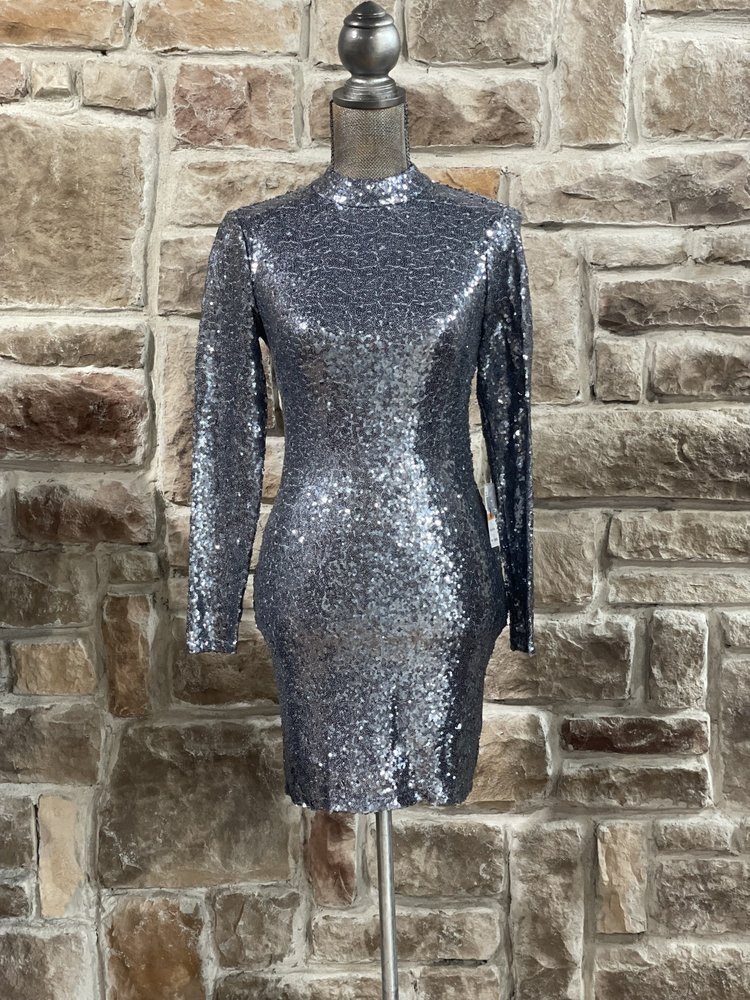 B Darlin Blue High Neck Long Sleeve Sequin Dress