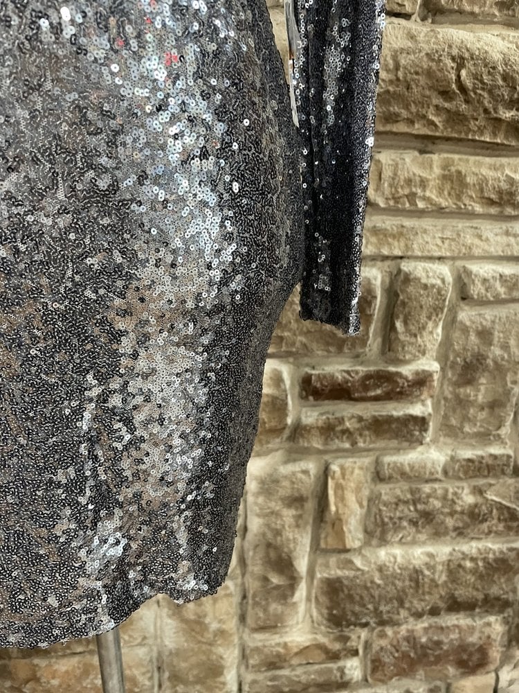 B Darlin Blue High Neck Long Sleeve Sequin Dress