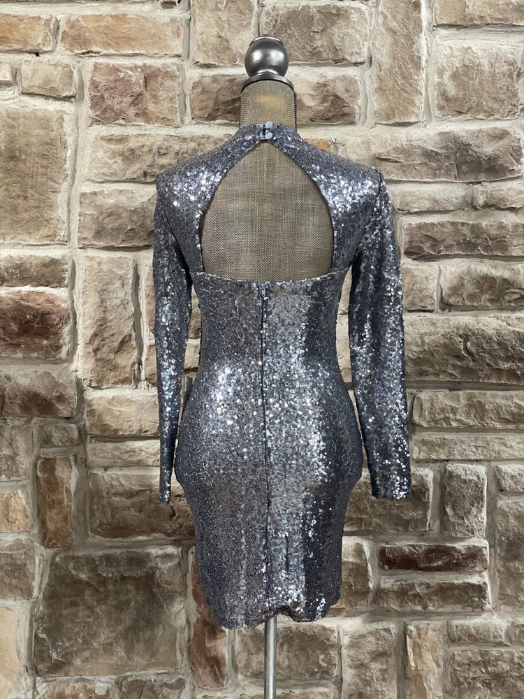 B Darlin Blue High Neck Long Sleeve Sequin Dress