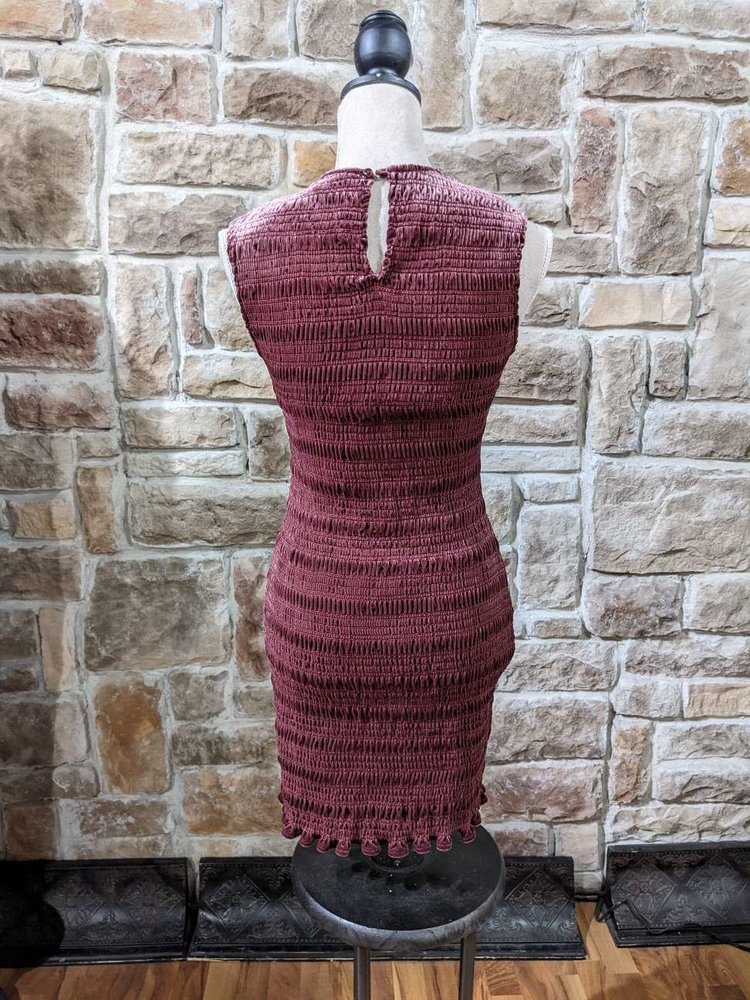 Aqua Wine Red Smocked Velvety Bodycon Dress, Size S