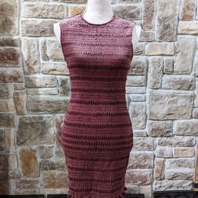 Aqua Wine Red Smocked Velvety Bodycon Dress, Size S