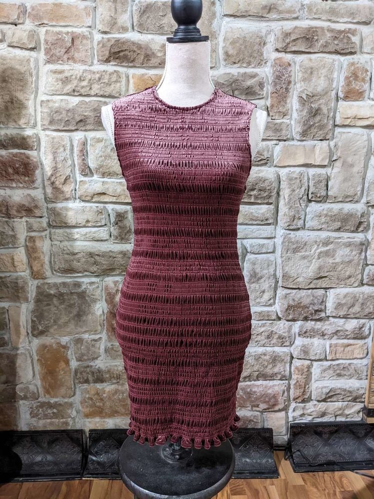 Aqua Wine Red Smocked Velvety Bodycon Dress, Size S
