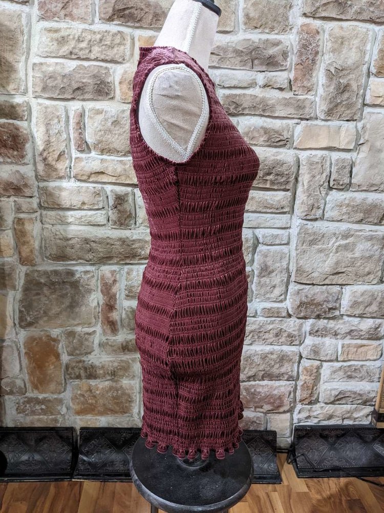 Aqua Wine Red Smocked Velvety Bodycon Dress, Size S