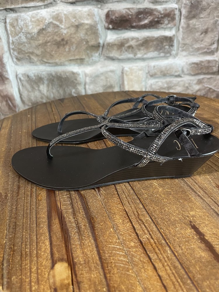INC Black Strappy Sparkle Wedge Sandals, Size