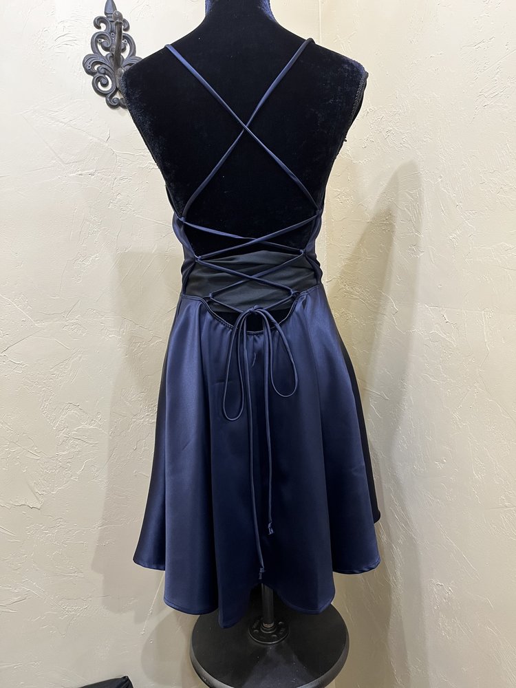 La Scala Navy Strappy Satin Fit and Flare Dress, Size XL