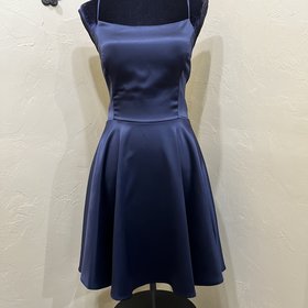 La Scala Navy Strappy Satin Fit and Flare Dress, Size XL