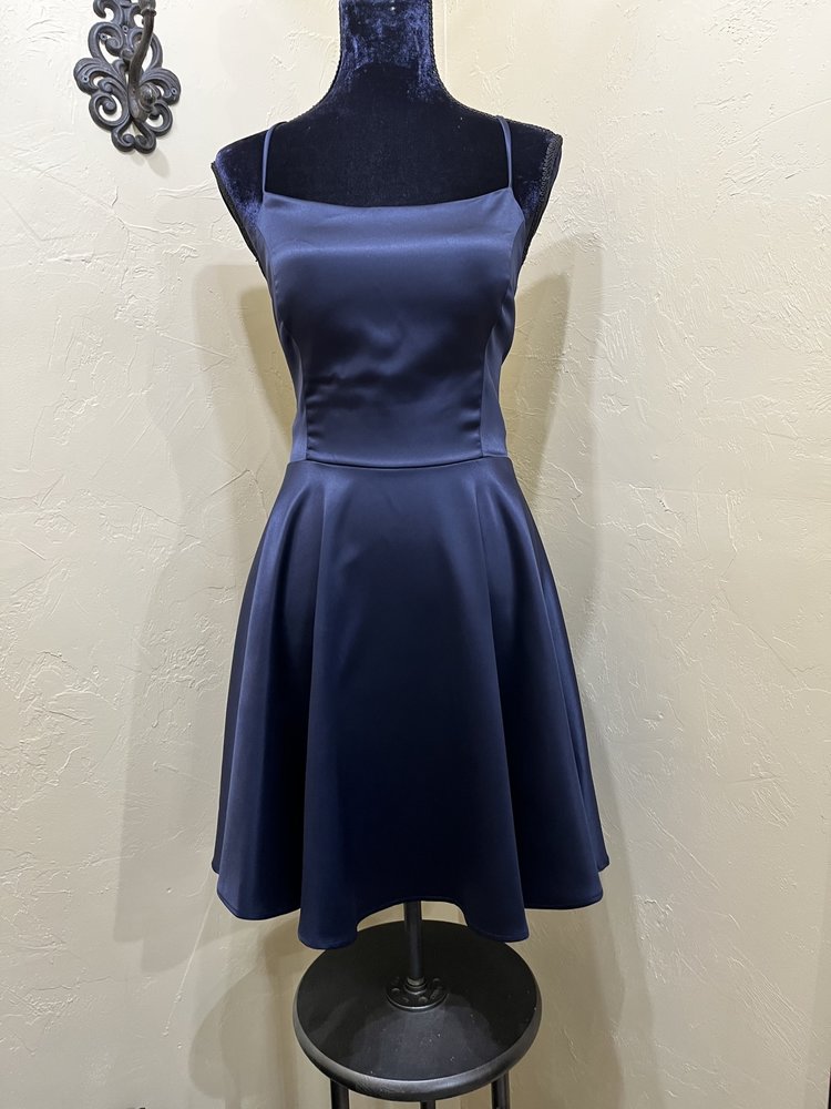 La Scala Navy Strappy Satin Fit and Flare Dress, Size XL