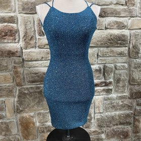 Fiesta Fashion Turquoise Sparkle Lace Up Back Dress, Size S