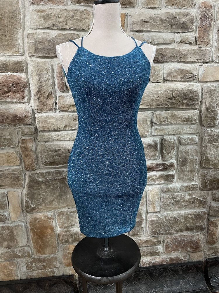 Fiesta Fashion Turquoise Sparkle Lace Up Back Dress, Size S
