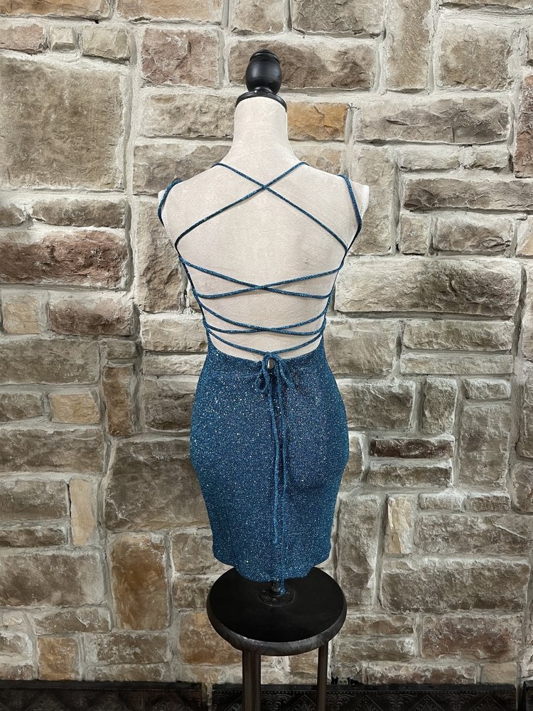 Fiesta Fashion Turquoise Sparkle Lace Up Back Dress, Size S