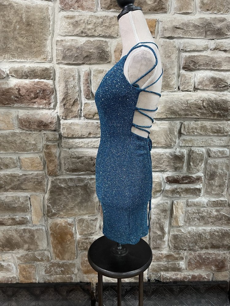 Fiesta Fashion Turquoise Sparkle Lace Up Back Dress, Size S