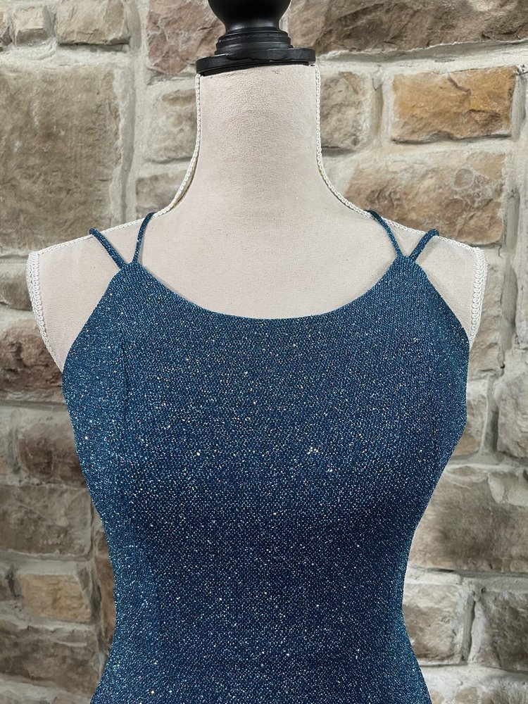 Fiesta Fashion Turquoise Sparkle Lace Up Back Dress, Size S