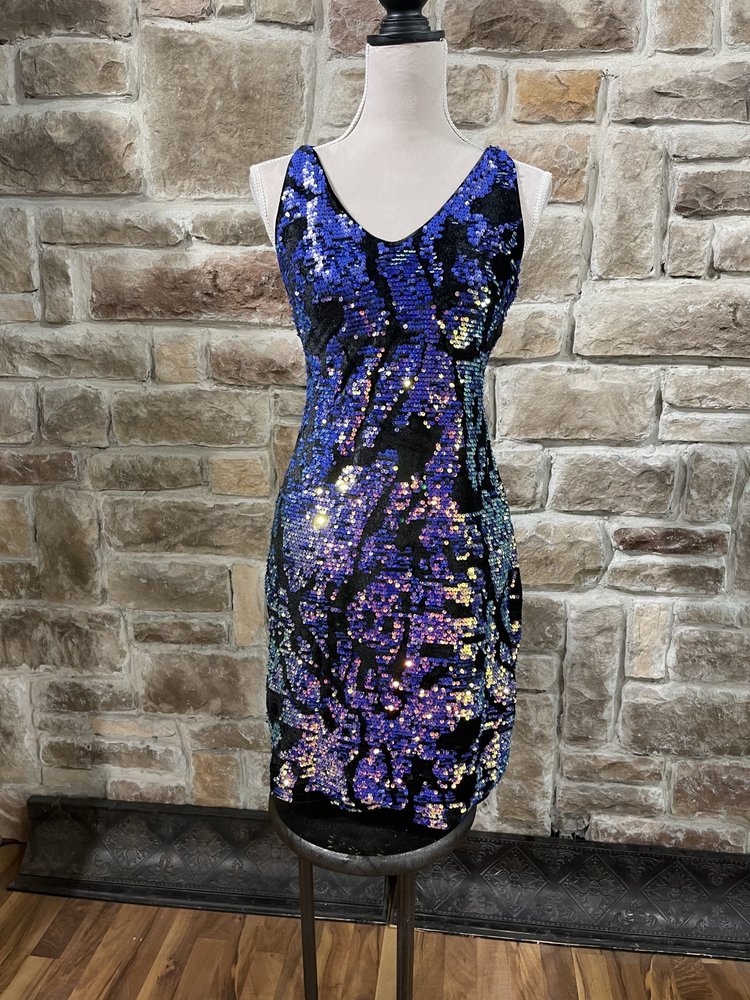 Sweet Lemon Purple Sequin with Black Velvet Lace Up Back Dress, Size