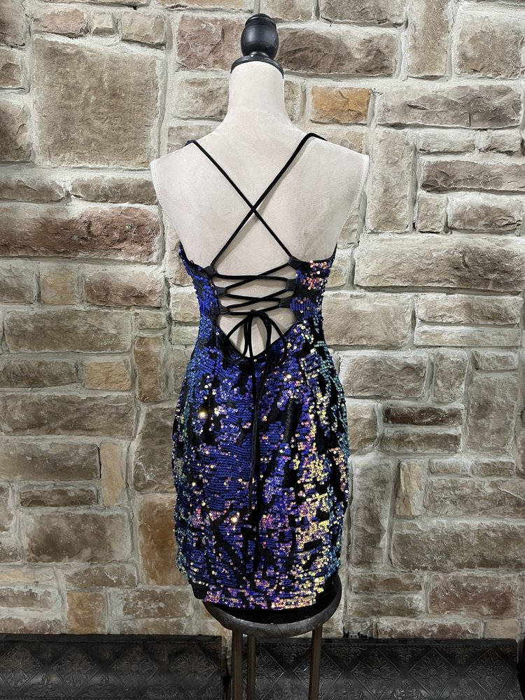 Sweet Lemon Purple Sequin with Black Velvet Lace Up Back Dress, Size