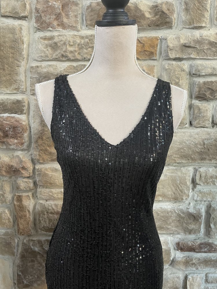 Bear Dance Black V Plunge Sequin Bodycon Dress, Size