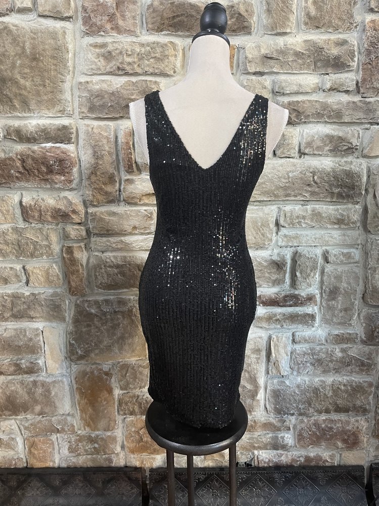 Bear Dance Black V Plunge Sequin Bodycon Dress, Size
