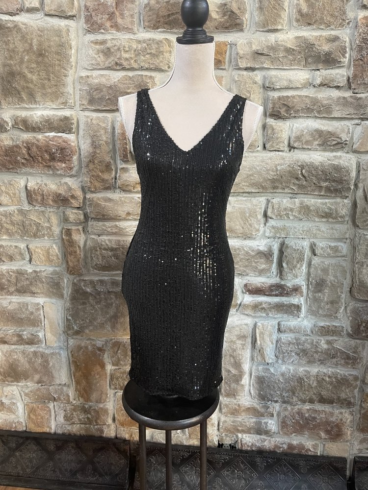 Bear Dance Black V Plunge Sequin Bodycon Dress, Size