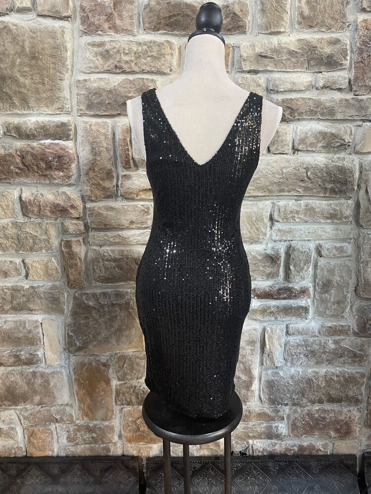 Bear Dance Black V Plunge Sequin Bodycon Dress, Size