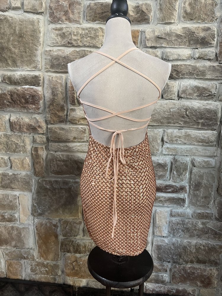 Bear Dance Caramel Lace Up Back Sequin Bodycon Dress