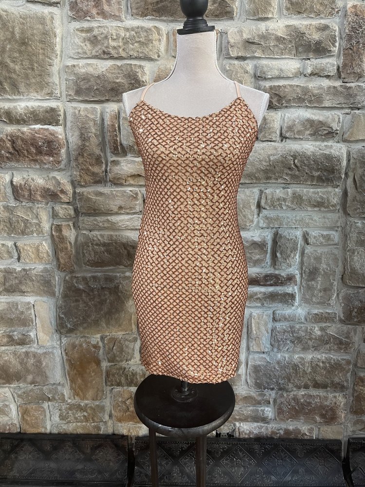 Bear Dance Caramel Lace Up Back Sequin Bodycon Dress