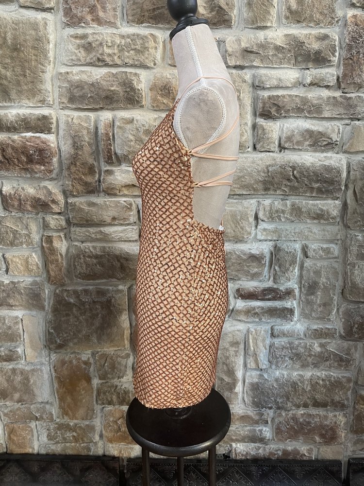 Bear Dance Caramel Lace Up Back Sequin Bodycon Dress