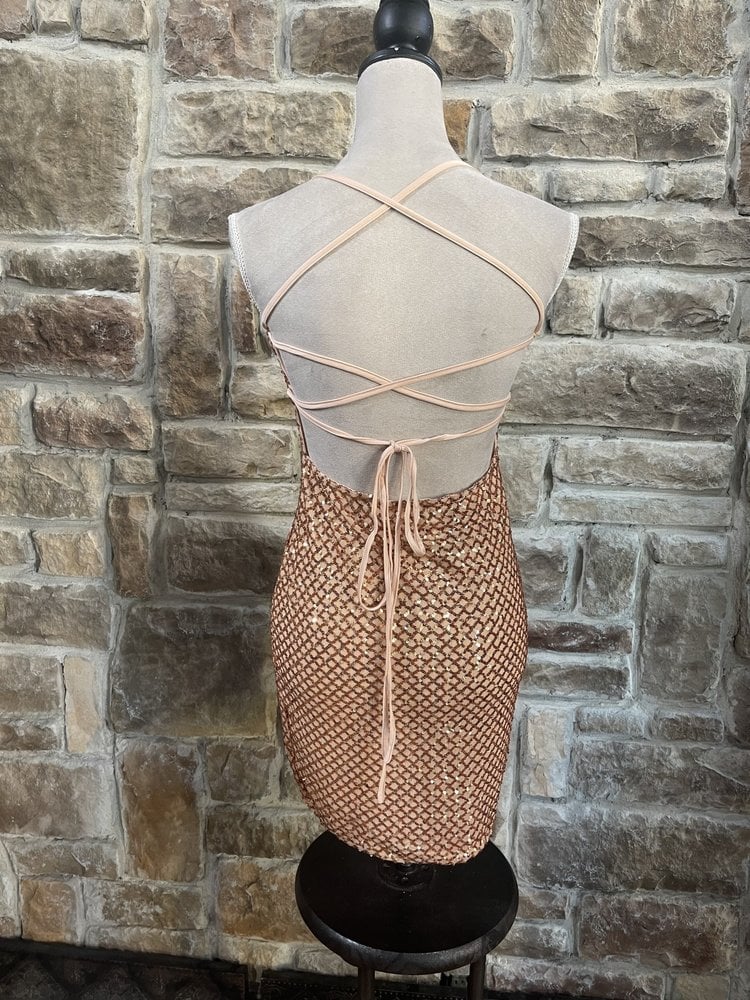 Bear Dance Caramel Lace Up Back Sequin Bodycon Dress