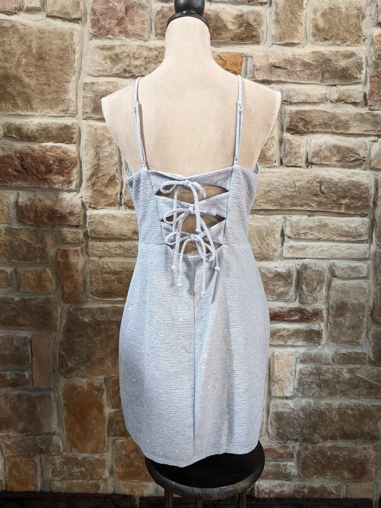 City Studio Light Blue with Gold Sparkle Halter Dress, Size