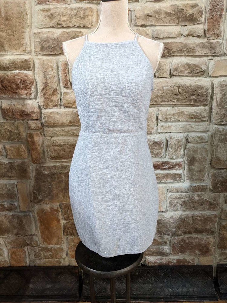 City Studio Light Blue with Gold Sparkle Halter Dress, Size