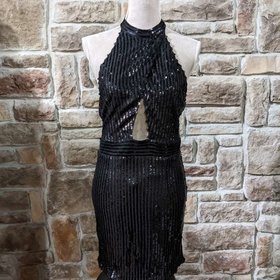 Tiger Mist Black Stripe Sequin Backless Halter Dress, Size Large