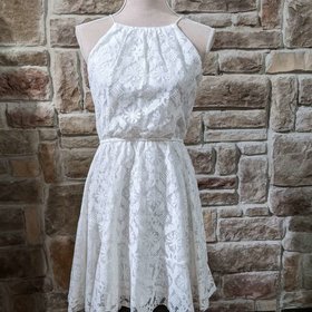 Aqua White Floral Lace Halter Dress with Ruffled Hem, Size Large