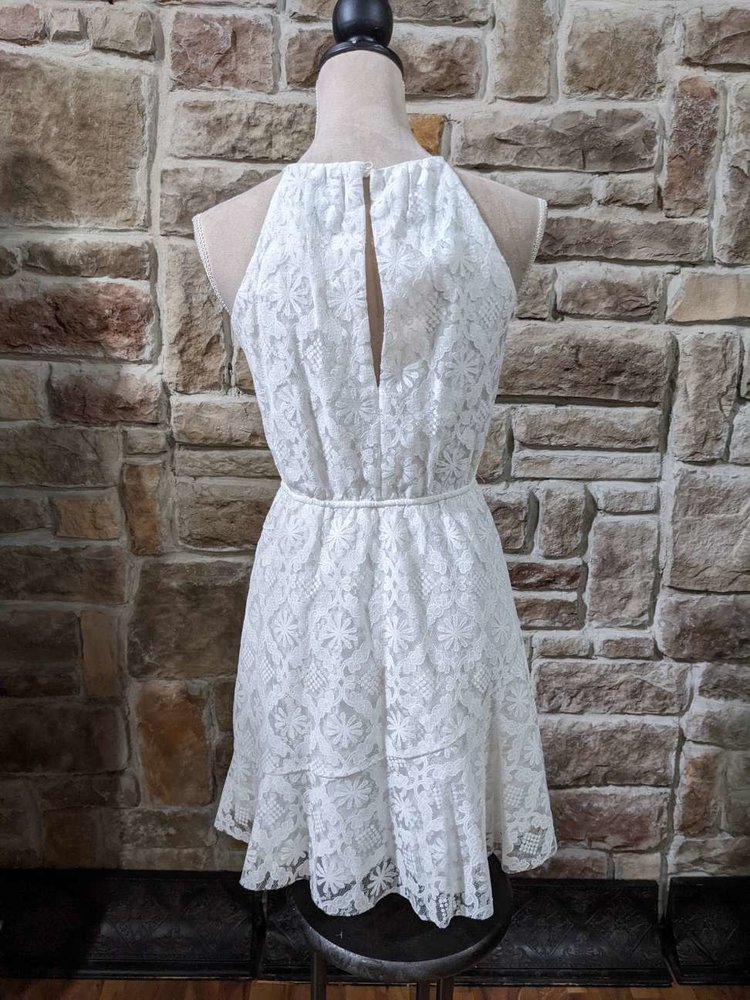 Aqua White Floral Lace Halter Dress with Ruffled Hem, Size Large