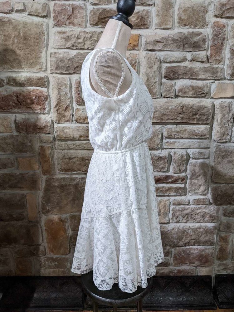 Aqua White Floral Lace Halter Dress with Ruffled Hem, Size Large