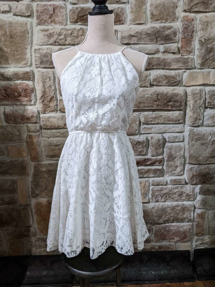 Aqua White Floral Lace Halter Dress with Ruffled Hem, Size Large