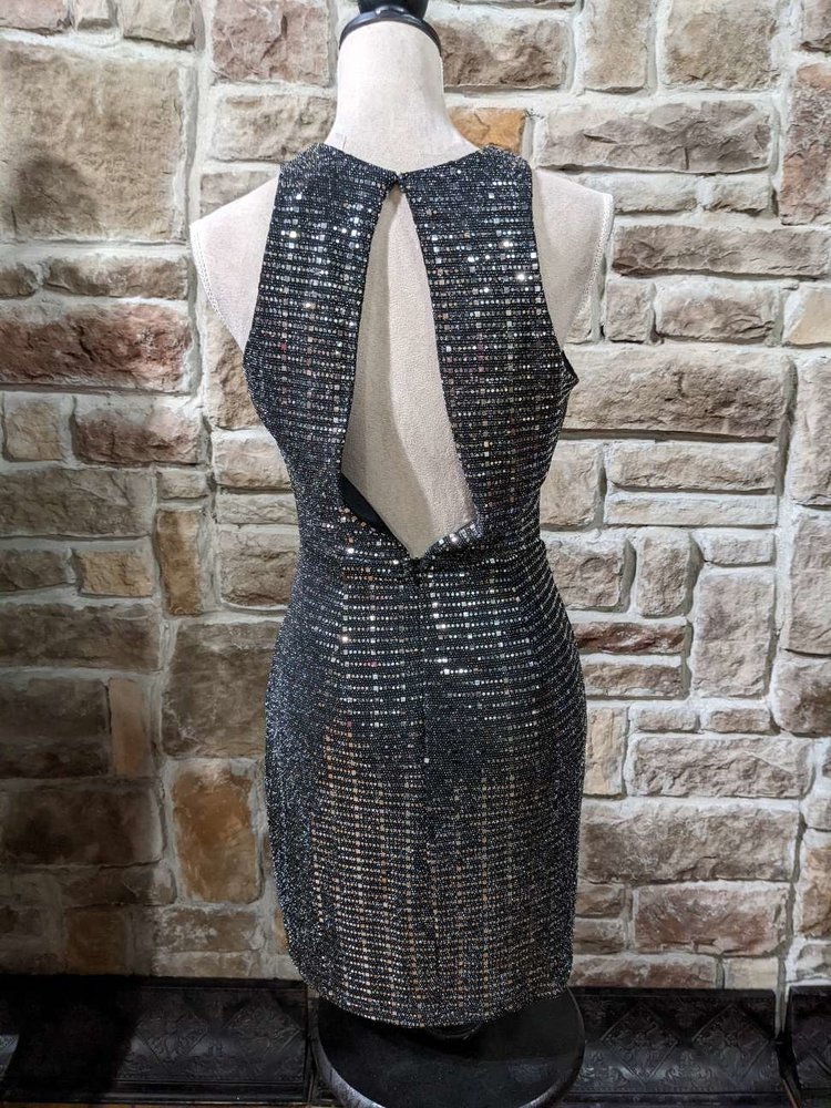 Endless Rose Black and Silver Bodycon Dress with Knotted Waist, Size XS