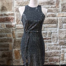 Endless Rose Black and Silver Bodycon Dress with Knotted Waist, Size XS