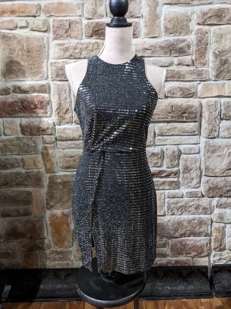 Endless Rose Black and Silver Bodycon Dress with Knotted Waist, Size XS