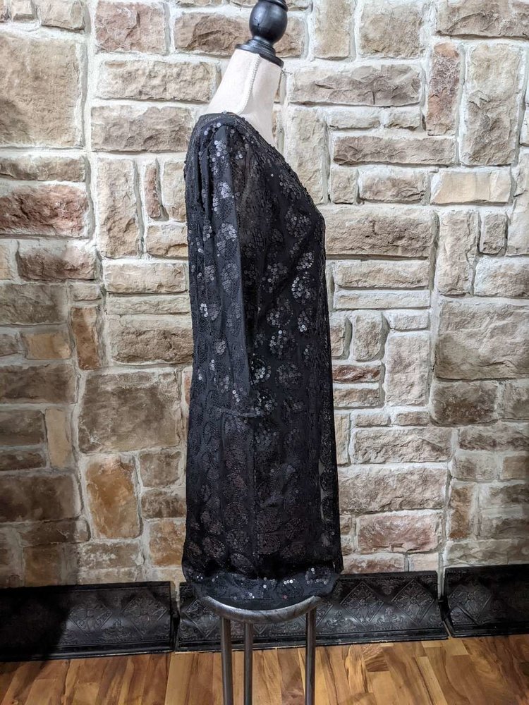 Jones New York Black Sequin Dot Pattern Dress with 3/4 Sleeves, Size 12