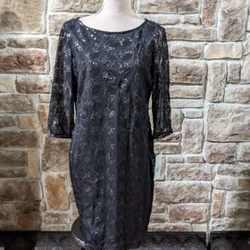 Jones New York Black Sequin Dot Pattern Dress with 3/4 Sleeves, Size 12