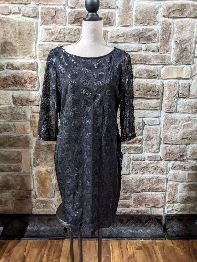 Jones New York Black Sequin Dot Pattern Dress with 3/4 Sleeves, Size 12