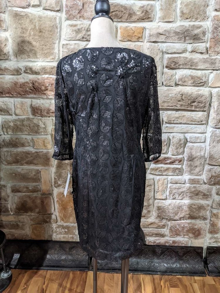 Jones New York Black Sequin Dot Pattern Dress with 3/4 Sleeves, Size 12