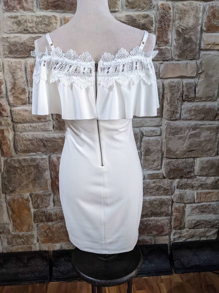 BCX White Dress with Spaghetti Straps and Off Shoulder Ruffle, Size 3