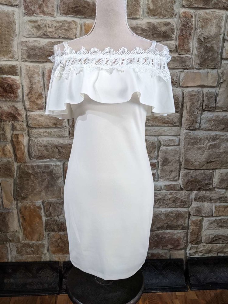 BCX White Dress with Spaghetti Straps and Off Shoulder Ruffle, Size 3