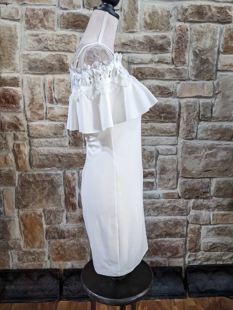 BCX White Dress with Spaghetti Straps and Off Shoulder Ruffle, Size 3